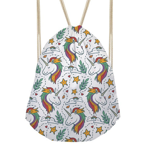 Cute 3D Cartoon Rainbow Unicorn Printed Women Drawstring Bags
