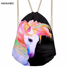 Cute 3D Colorful Unicorn/Horse Head Printed Women Drawstrings Bag