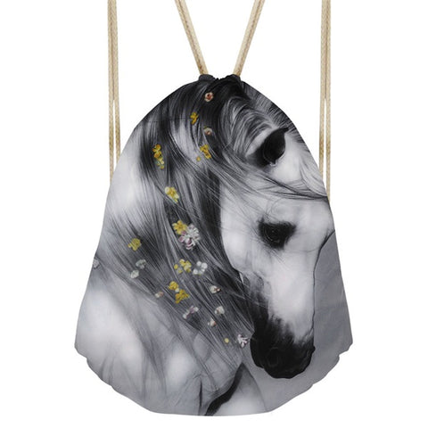 Cute 3D Colorful Unicorn/Horse Head Printed Women Drawstrings Bag