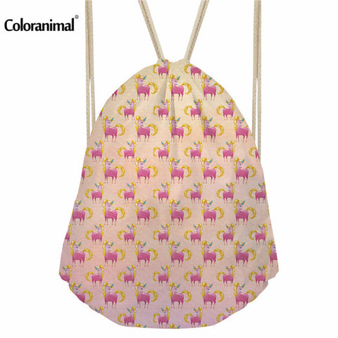 Lovely Pink Unicorn Printing Women Drawstring Bag